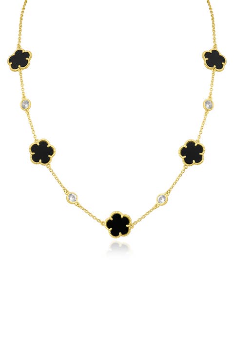 Cubic Zirconia & Black Clover Station Necklace