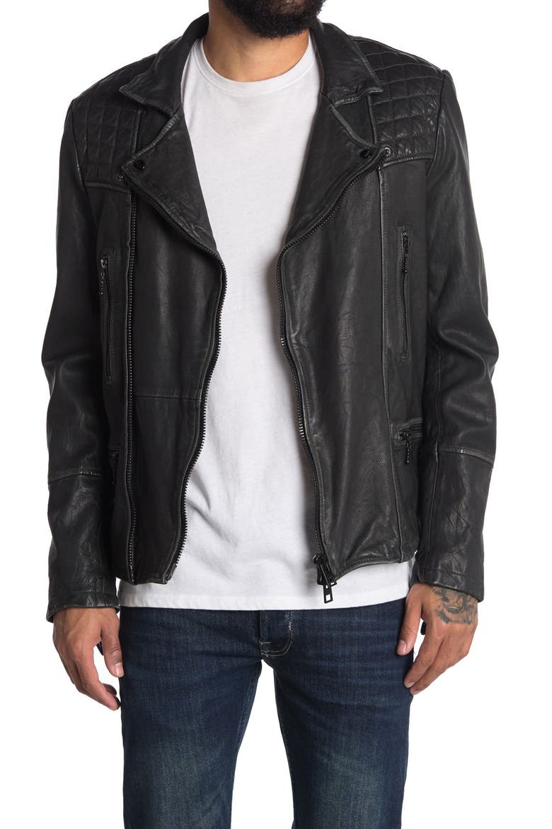 Cargo Biker Slim Fit Leather Jacket, Main, color, BLACK