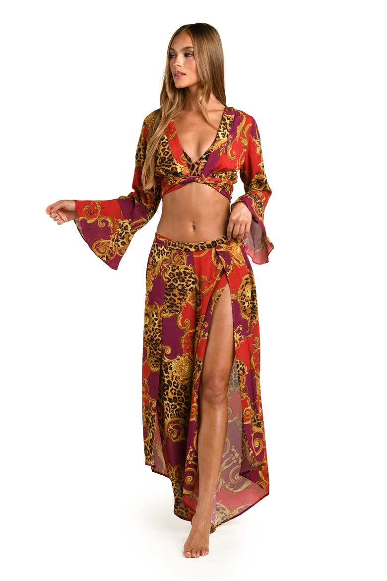 Baroque Leopard Wrap Crop Cover-Up Top, Alternate, color, ROUGE