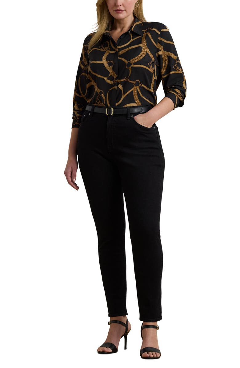 Lauren Ralph Lauren Belting Print Classic Fit Crepe Button-Up Shirt, Alternate, color, Black/ Tan