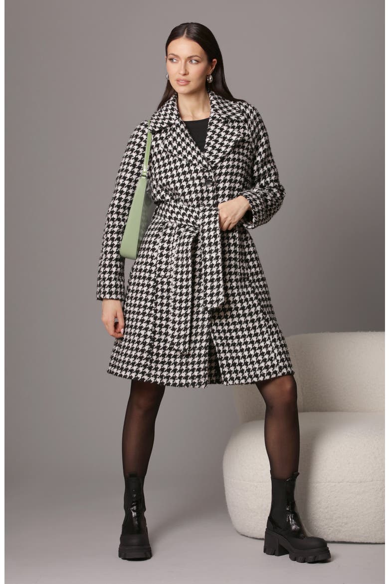 Belted Houndstooth Raglan Sleeve Coat, Alternate, color, BLACK/ WHITE HOUNDSTOOTH