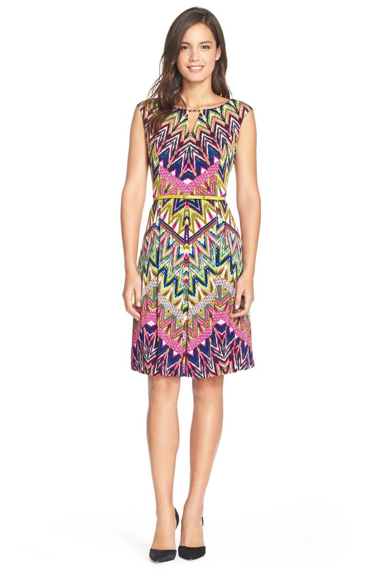 Belted Print Jersey Fit & Flare Dress, Alternate, color, PURPLE MULTI