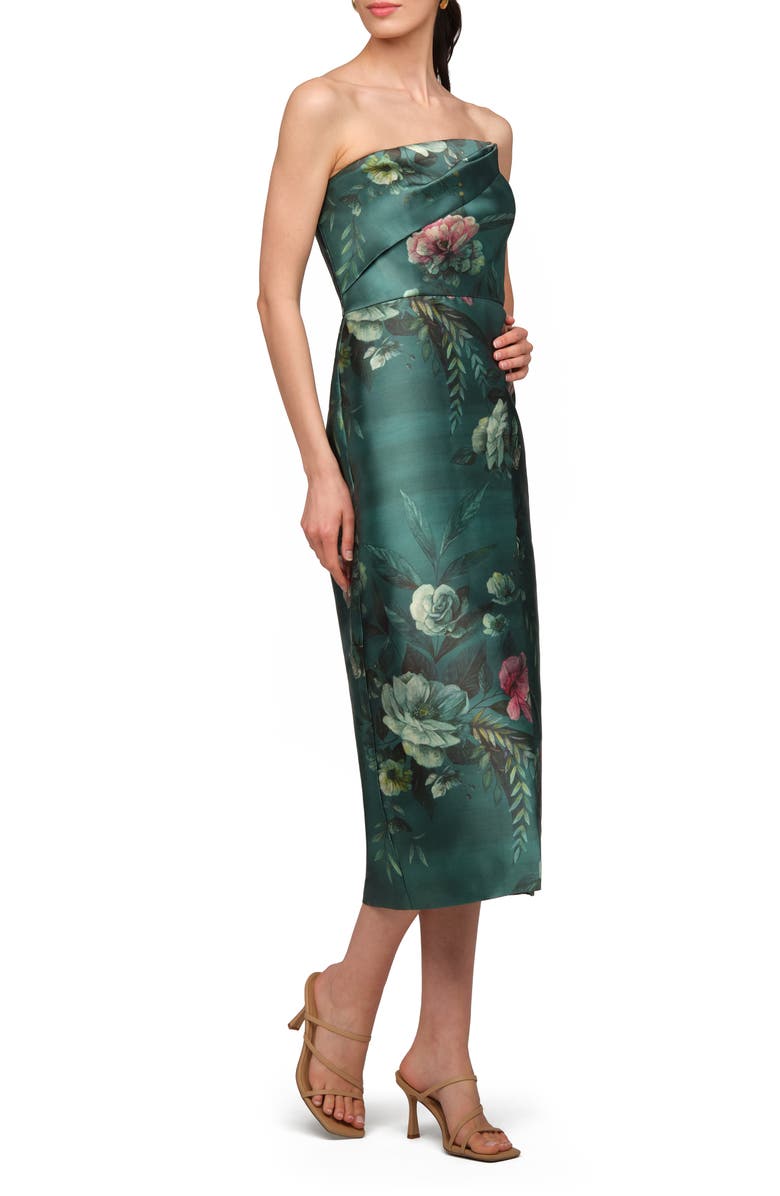 Kay Unger Amelie Floral Strapless Mikado Sheath Cocktail Dress, Alternate, color, Emerald