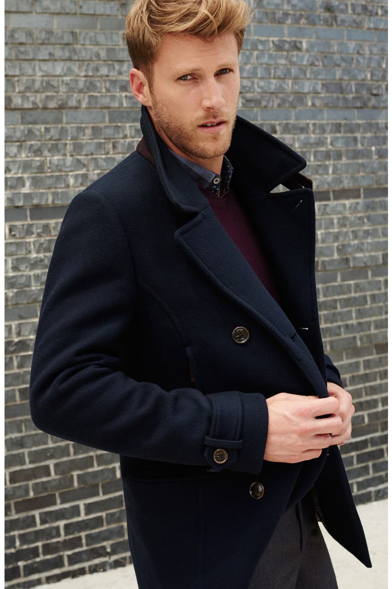 'Ossain' Herringbone Double Breasted Peacoat, Alternate, color, NAVY