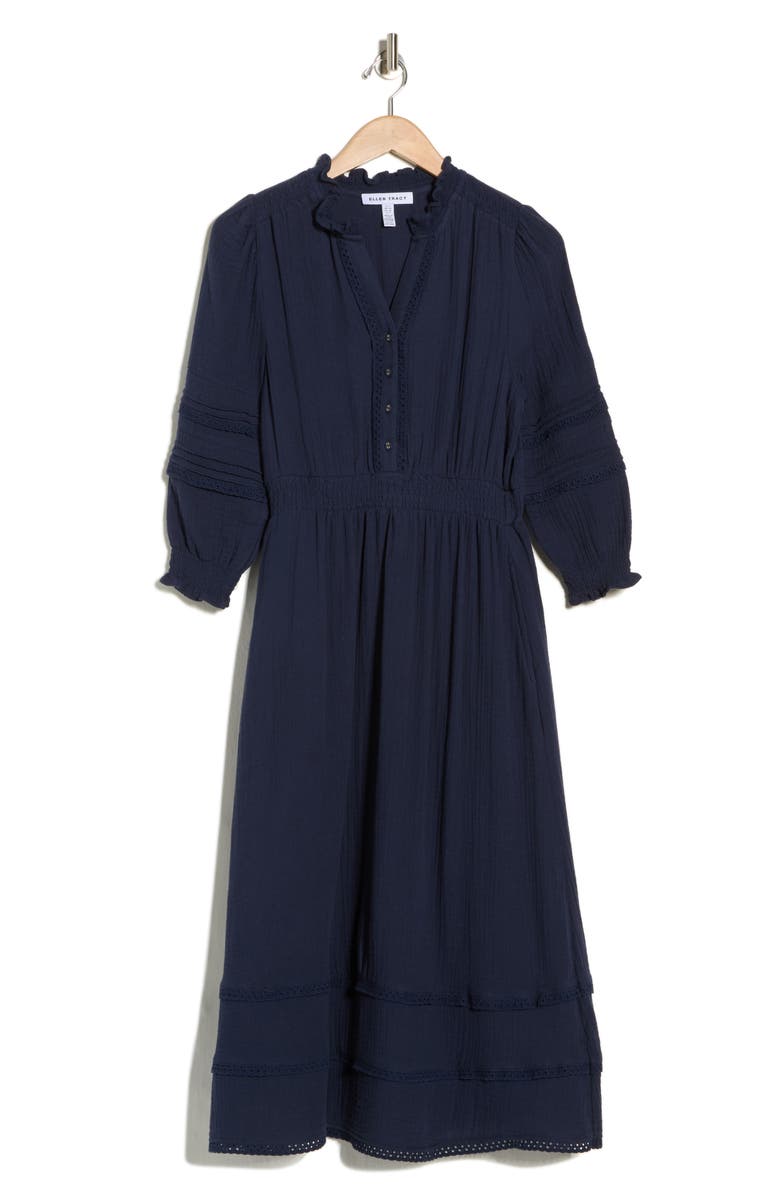Ellen Tracy Button Front Gauze Dress, Alternate, color, Navy