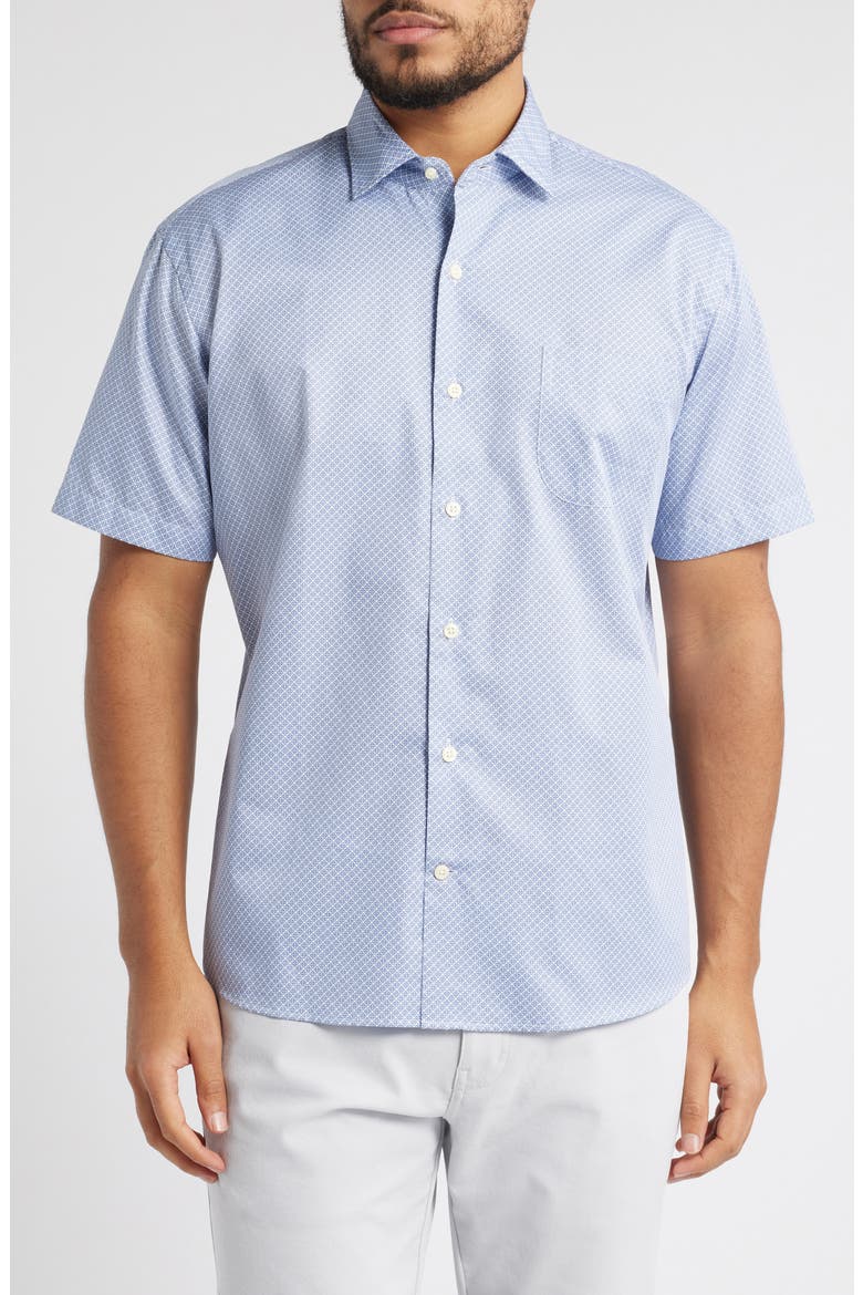 Lennon Geo Print Short Sleeve Cotton Button-Up Shirt, Main, color, BLUE FREESIA