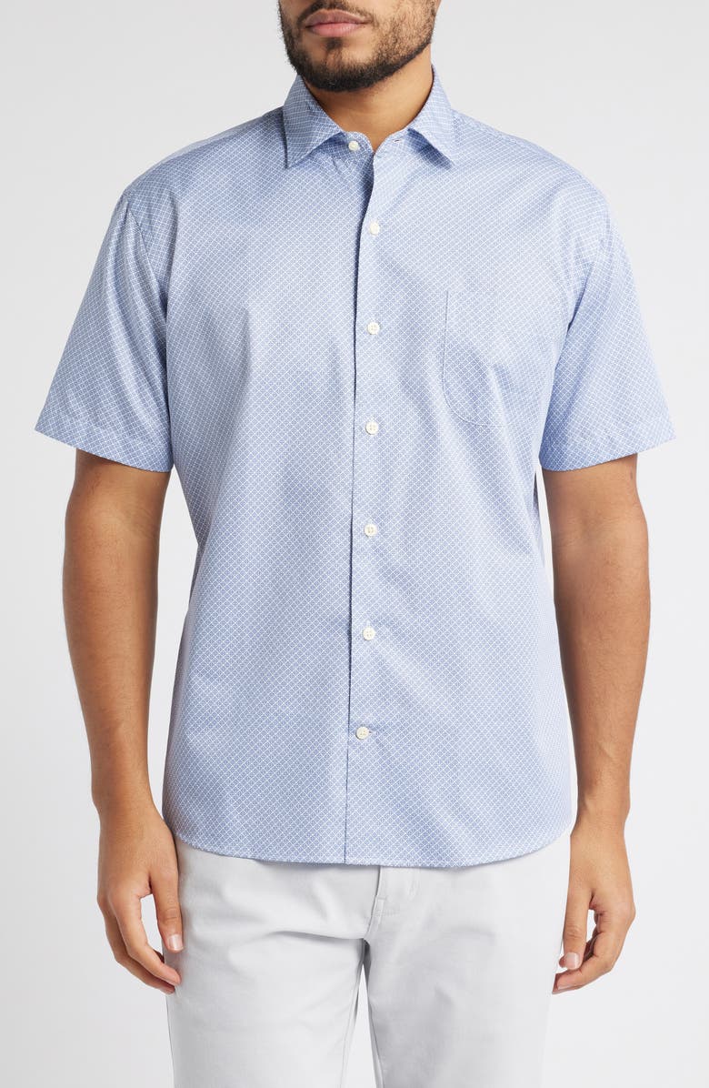 Peter Millar Lennon Geo Print Short Sleeve Cotton Button-Up Shirt, Main, color, Blue Freesia