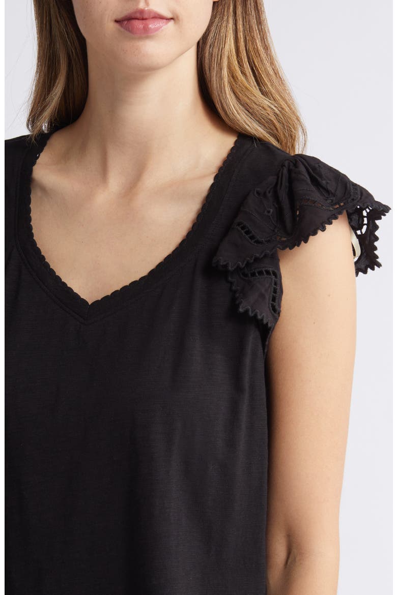 Eyelet Flutter Sleeve Jersey T-Shirt, Alternate, color, BLACK