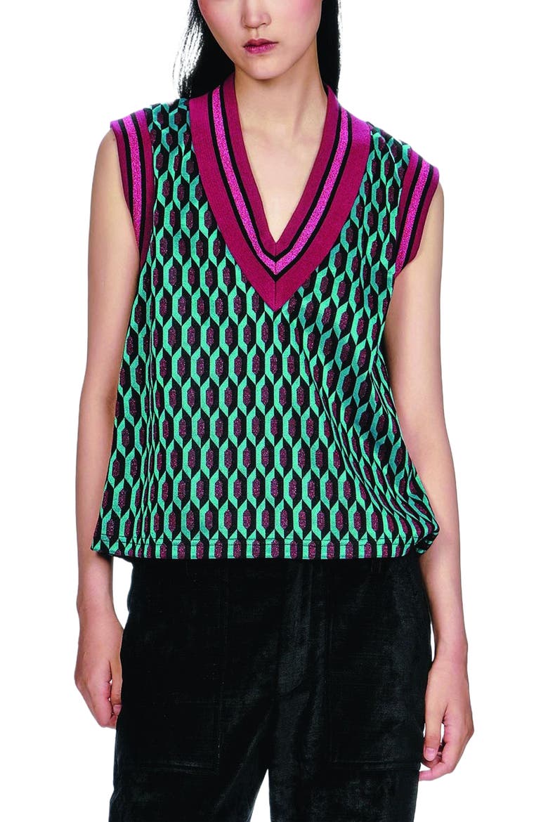 Glitter Geo Jacquard Pullover Vest, Alternate, color, Teal Multi
