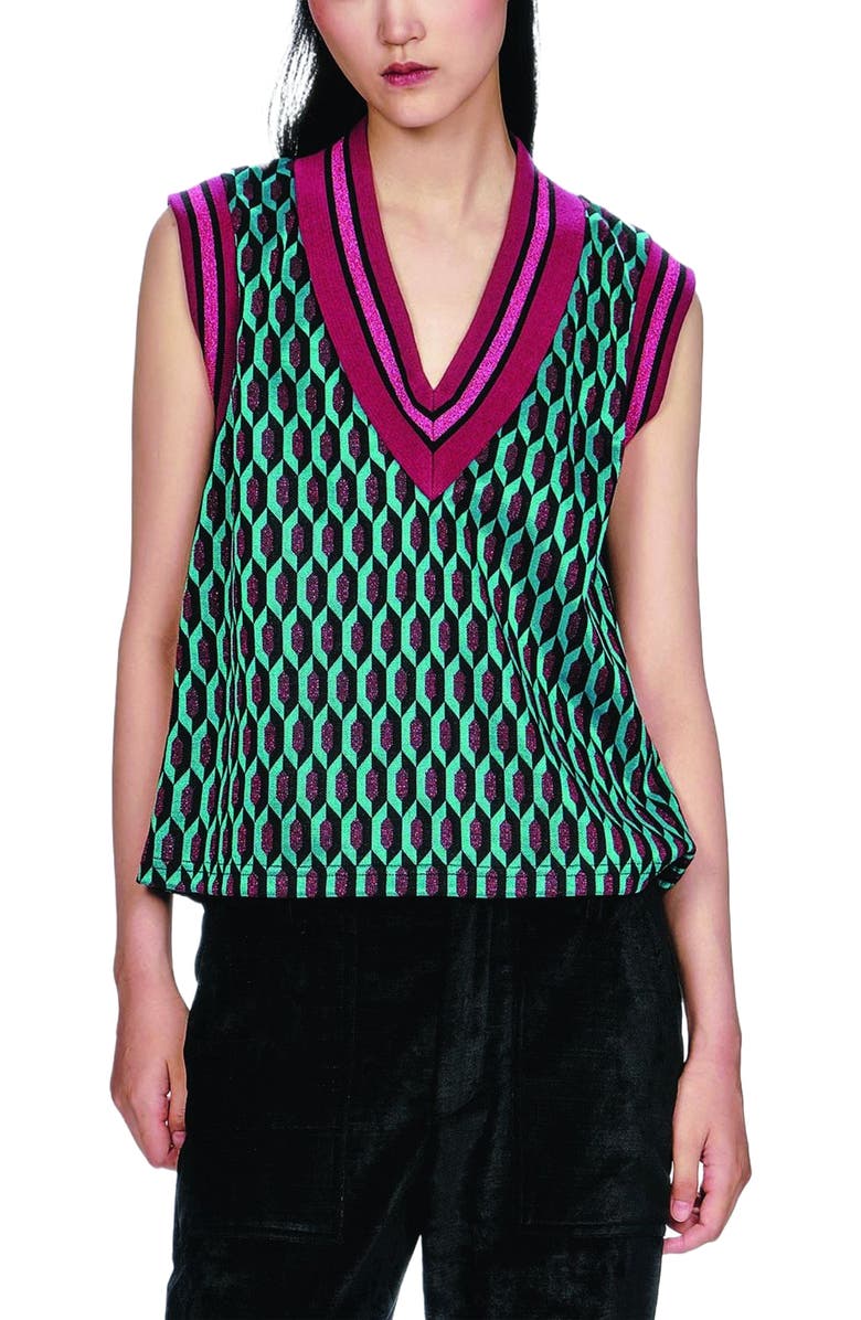 Anna Sui Glitter Geo Jacquard Pullover Vest, Alternate, color, Teal Multi