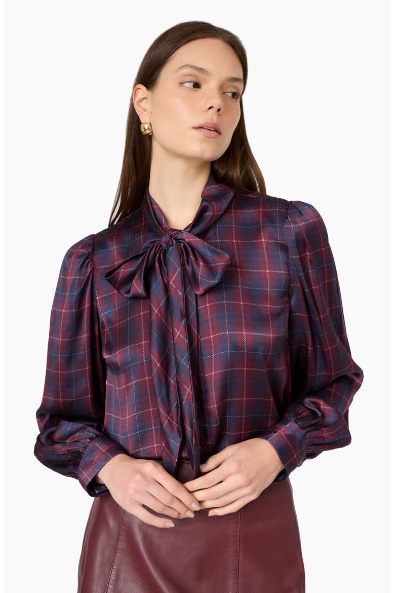 Rema Silk Charmeuse Tie Neck Top, Alternate, color, PLUM PLAID