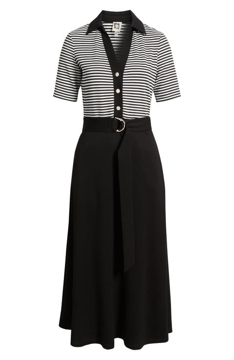 Stripe Bodice Belted Midi Dress