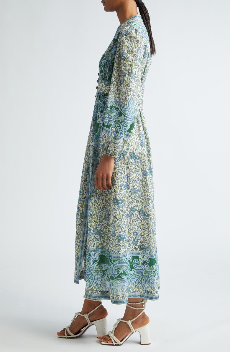Zimmermann Ottie Paisley Long Sleeve Linen Midi Dress, Alternate, color, 