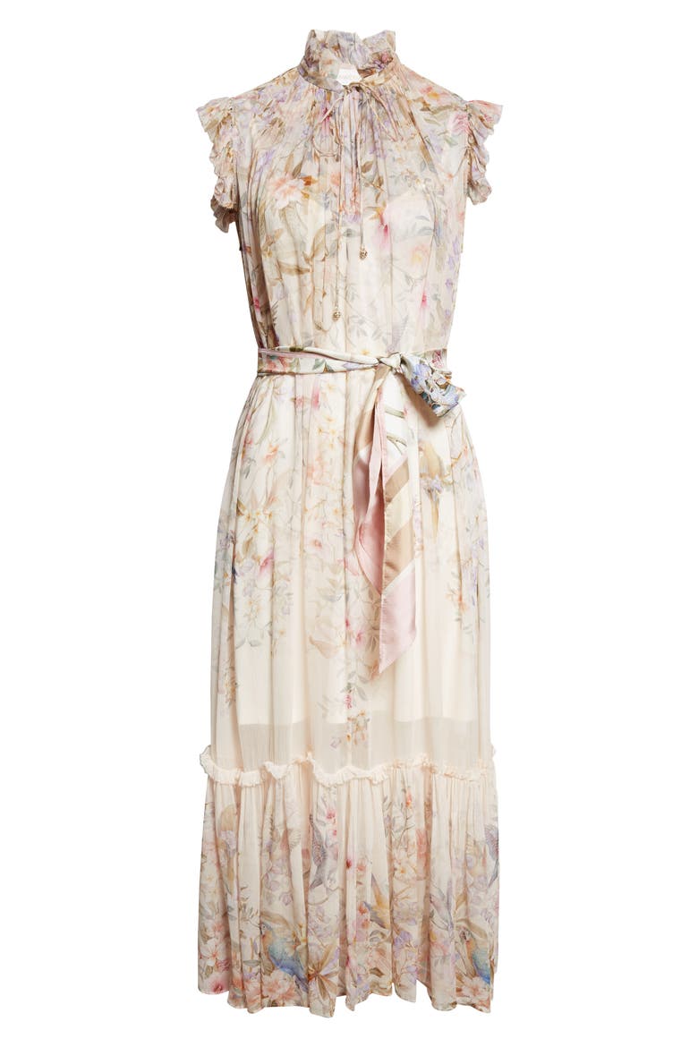 Rebellion Flutter Floral Chiffon Midi Dress, Alternate, color, CREAM AVIARY