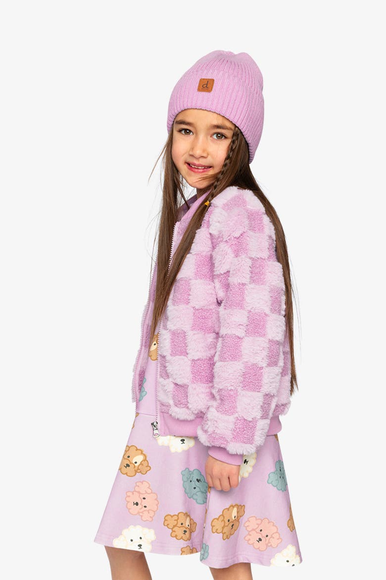 Faux Fur Jacquard Checkerboard Front Pocket Bomber Jacket, Alternate, color, Violet