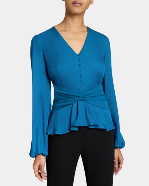 Santorelli Long Sleeve Blouse With Cinched Waist In Silk Georgette In Aquamarine