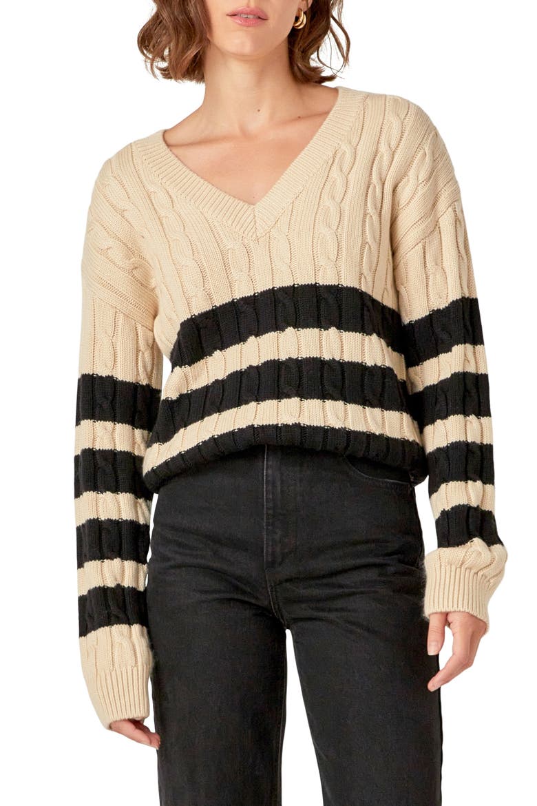 Stripe Cable Stitch Sweater, Main, color, BEIGE/BLACK