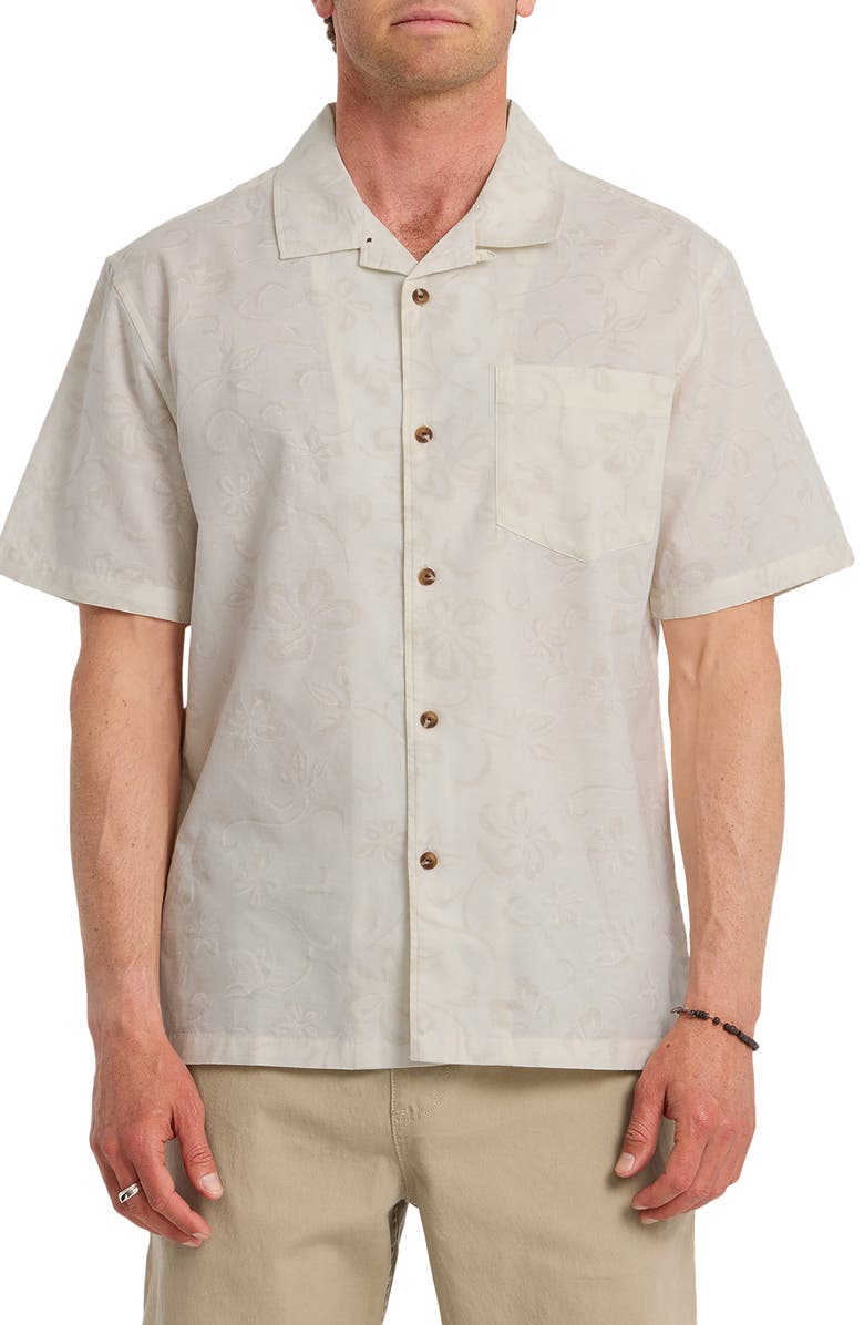 Quiksilver Lo-Biscus DNA Cotton & Linen Camp Shirt, Main, color, Snow White