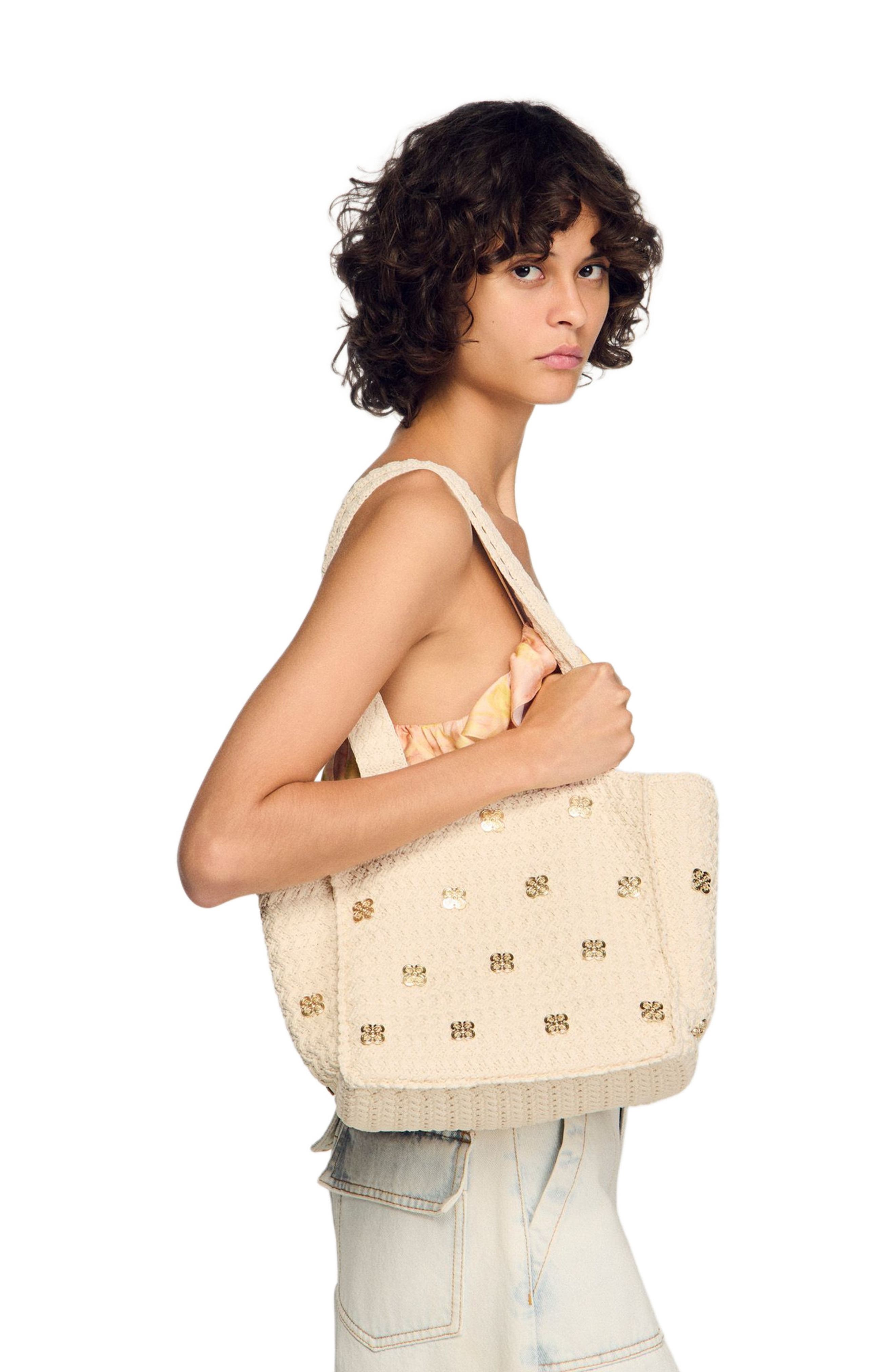 SANDRO Crochet bag with tassels, Alternate, color, Ecru