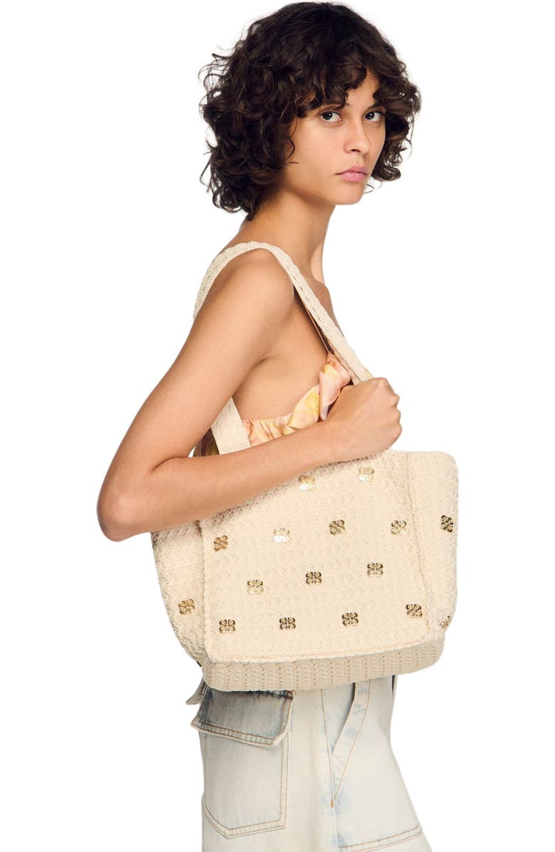 SANDRO Crochet bag with tassels, Alternate, color, Ecru