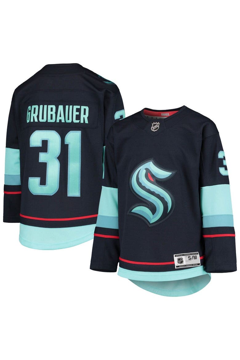 Youth Philipp Grubauer Deep Sea Blue Seattle Kraken Home Premier Player Jersey, Main, color, Navy