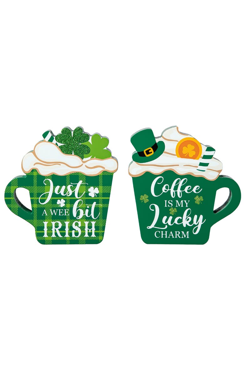 Glitzhome Set of 2 Wooden St. Patrick's Coffee Cup Table Decor, Main, color, Green