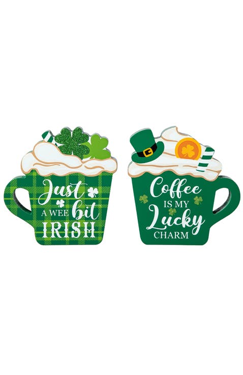 Set of 2 Wooden St. Patrick's Coffee Cup Table Decor