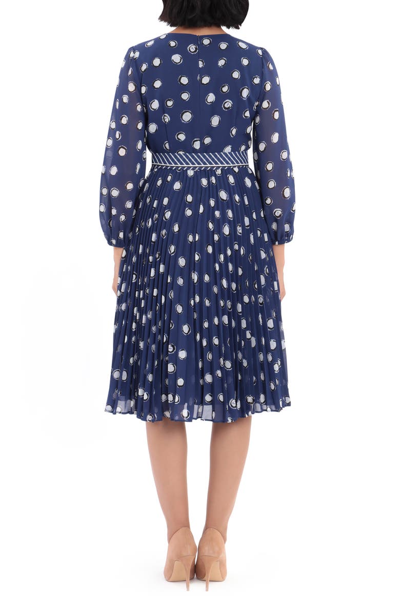 Dot Print Long Sleeve Pleated Midi Dress, Alternate, color, NAVY/ SOFT WHITE