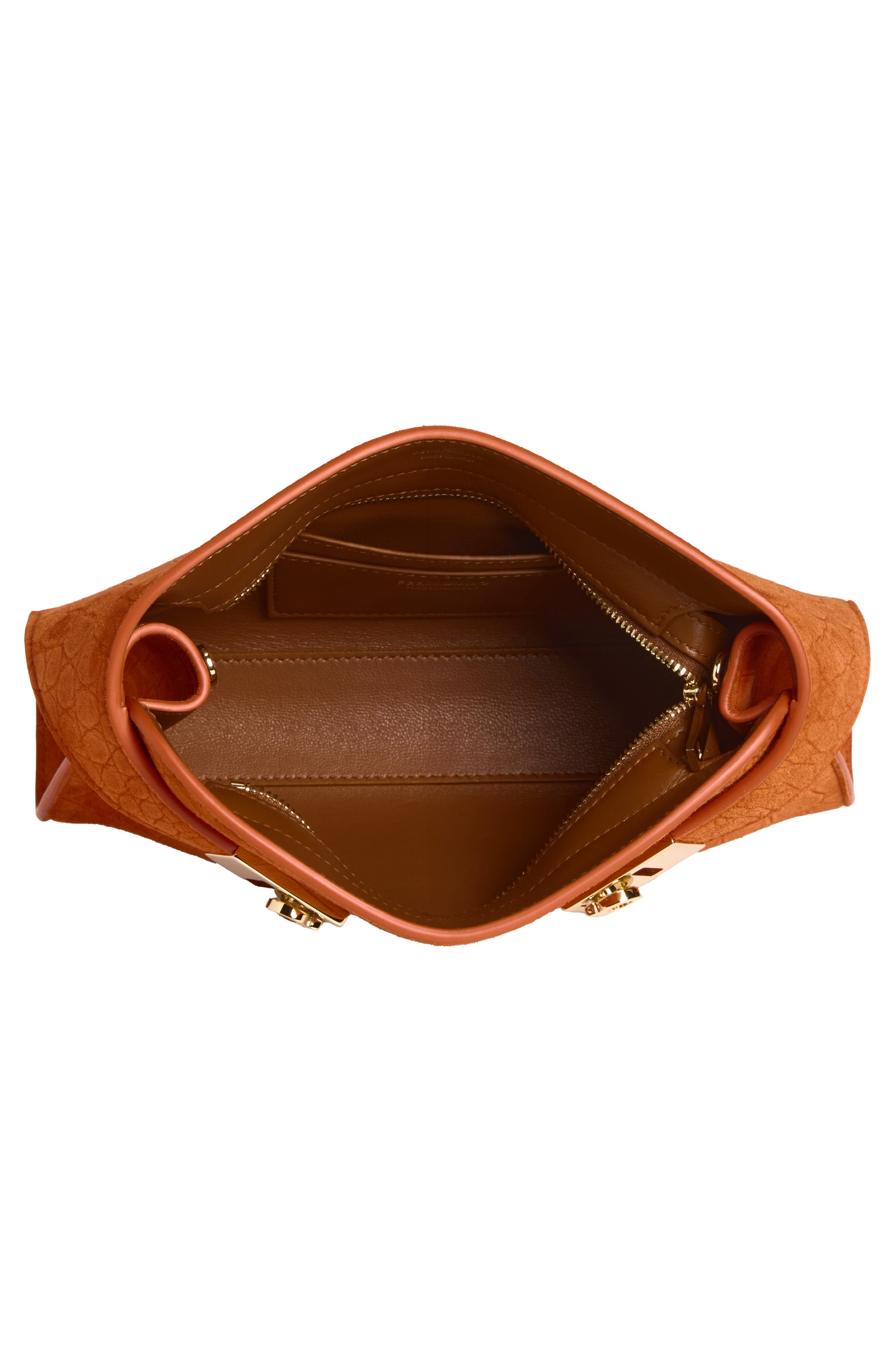 FERRAGAMO Hug Croc Embossed Suede East/West Shoulder Bag, Alternate, color, Light Siena Naturale Rst