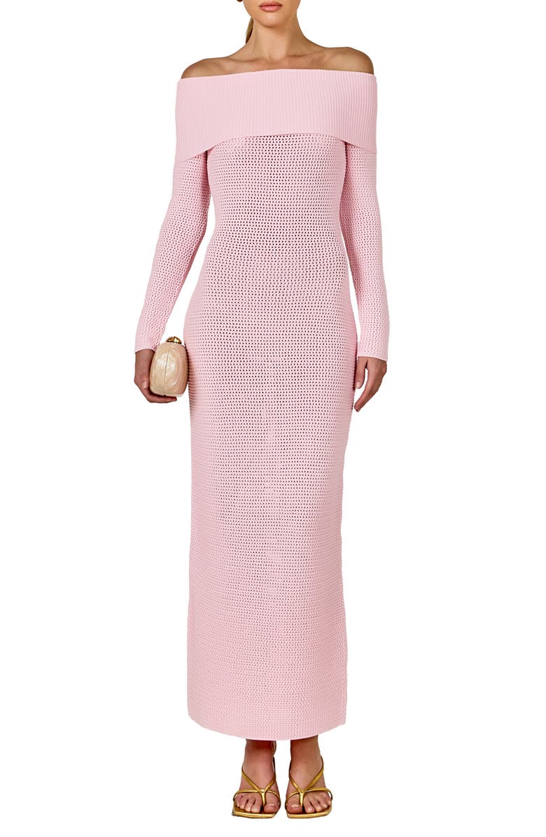 Endless Rose Open Stitch Off the Shoulder Long Sleeve Sweater Dress, Main, color, Pink