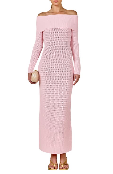 Open Stitch Off the Shoulder Long Sleeve Sweater Dress