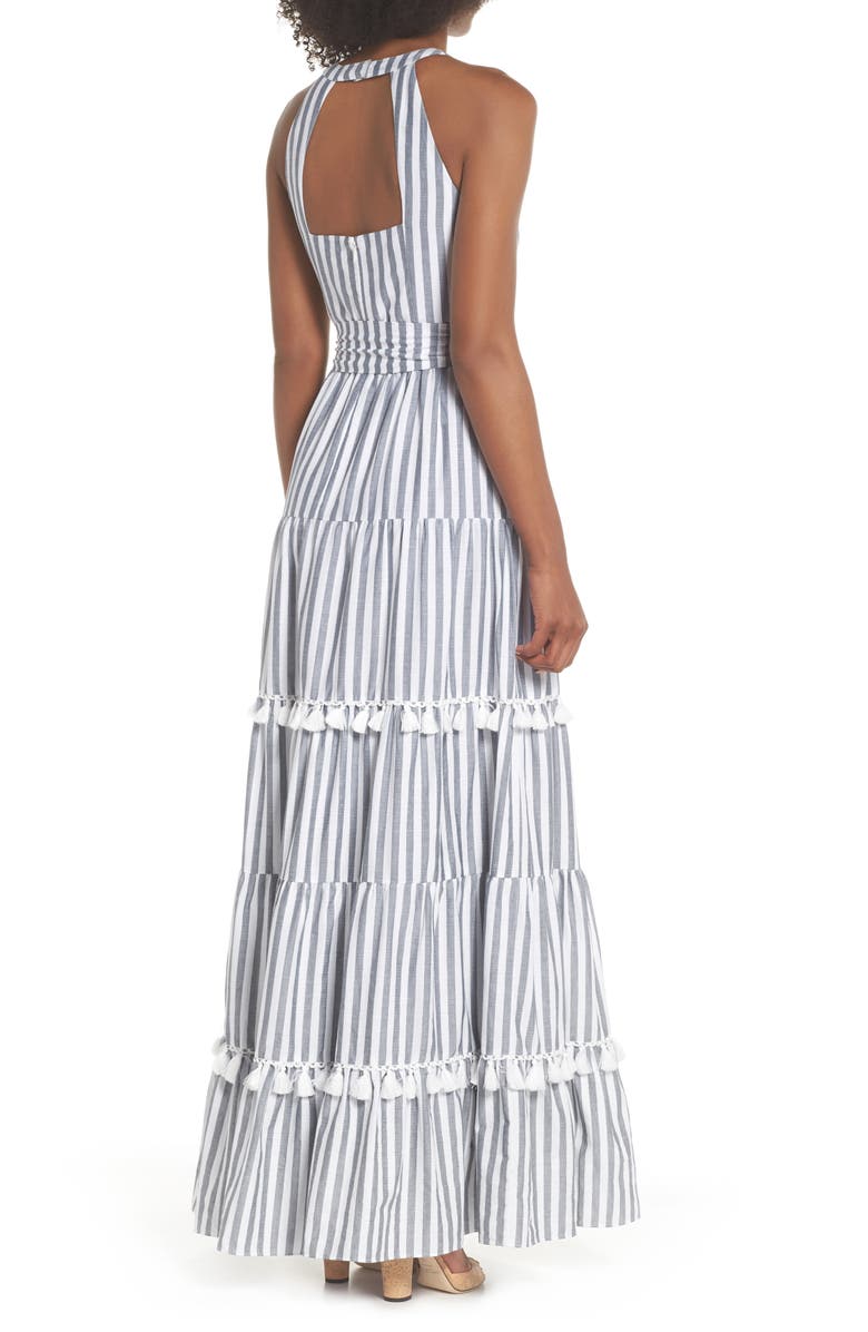 Eliza J Tiered Tassel Fringe Cotton Maxi Dress, Alternate, color, 