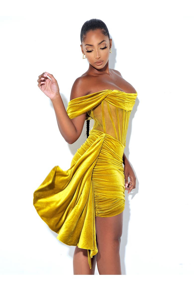 Irisaa Draping Off Shoulder Corset Mini Dress, Alternate, color, Gold