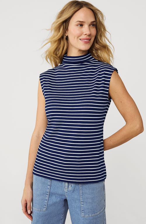 Lands' End Cap Sleeve Drapey Rib Fitted Funnel Neck Tank In Deep Sea Navy/ivory Stripe