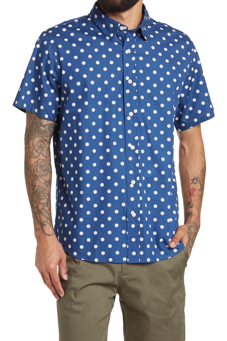SLATE AND STONE Short Sleeve Printed Poplin Shirt, Main, color, WHITE POLKA DOT PRINT