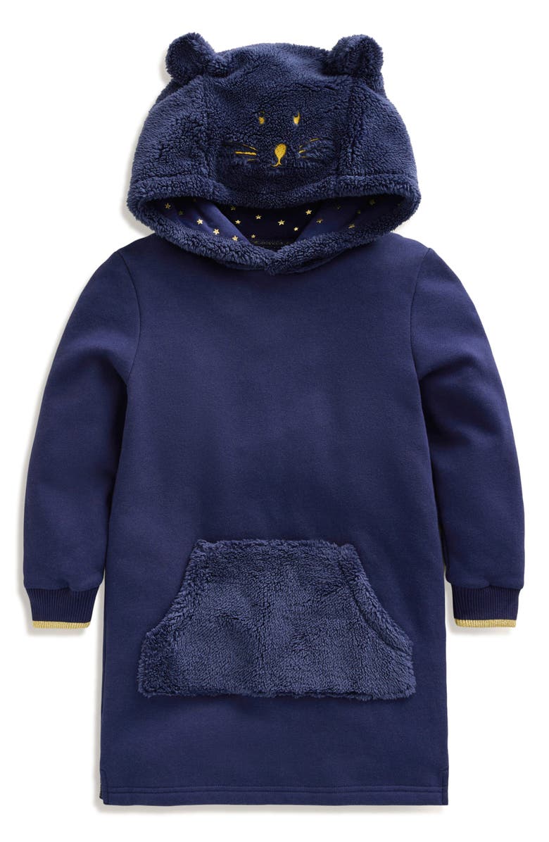 Mini Boden Kids' Faux Fur Accent Hooded Cotton Fleece Sweatshirt Dress, Main, color, 
