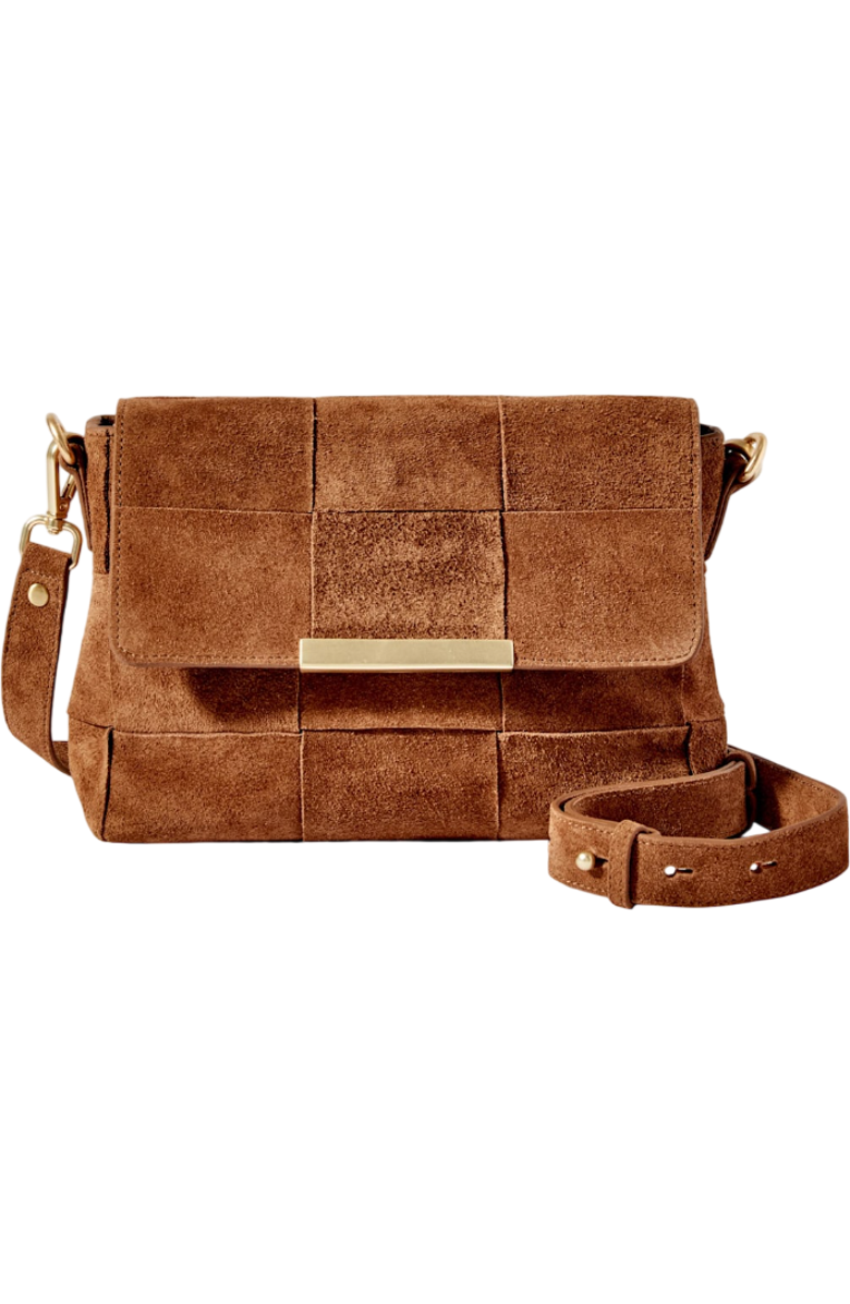 MINT VELVET Lara Tan Suede Woven Crossbody Bag, Main, color, Tan