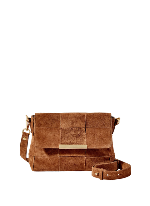 Lara Tan Suede Woven Crossbody Bag
