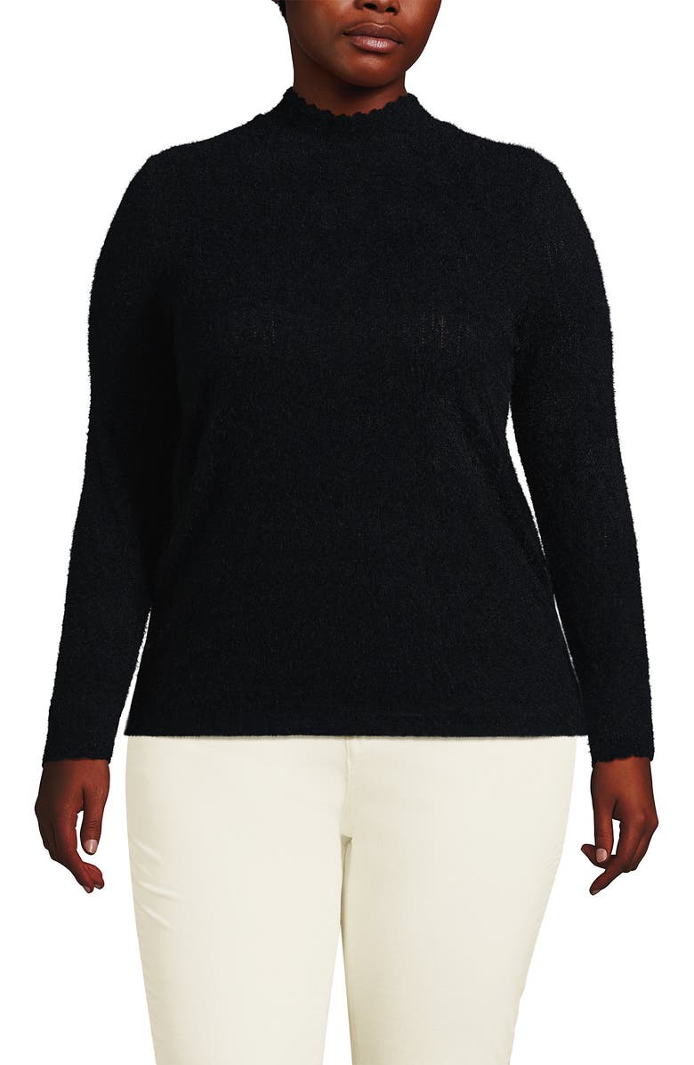 Lands' End Long Sleeve Brushed Lace Mock Neck Top, Main, color, Black