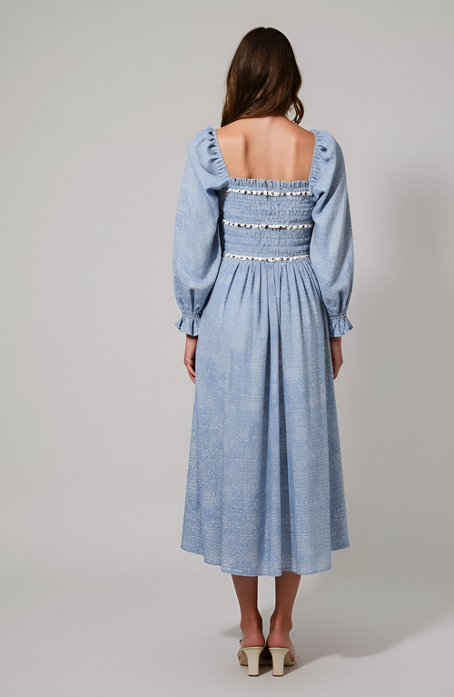 Modenaire Paisley Print Smocked Bodice Midi Dress With Bow Accents In Blue