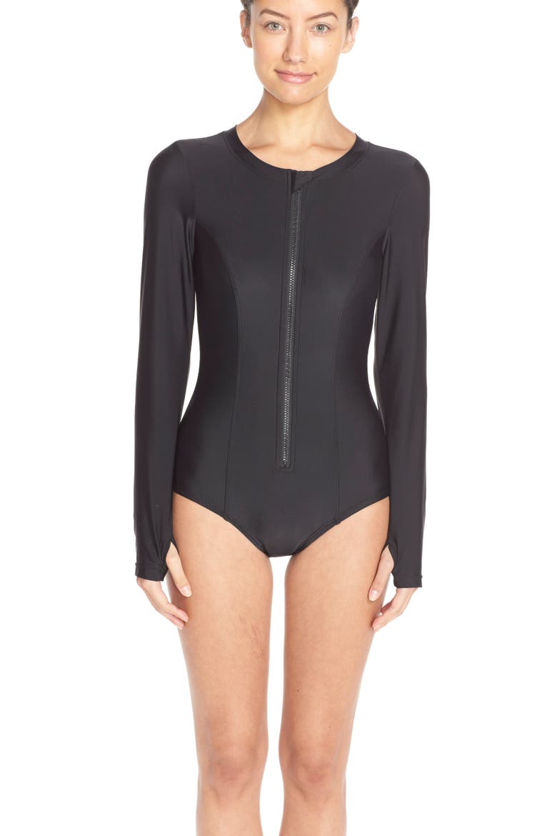 Long Sleeve One-Piece Swimsuit, Alternate, color, BLACK