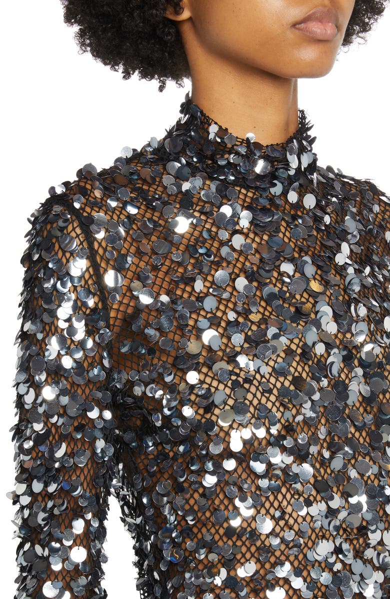TOM FORD Sequin Embellished Mesh Mock Neck Top, Alternate, color, Silver/ Gun Metal
