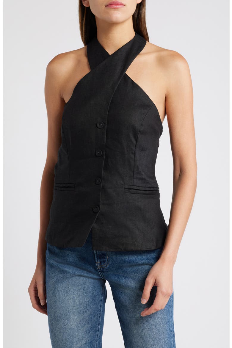 Tate Cross Neck Linen Top, Main, color, BLACK