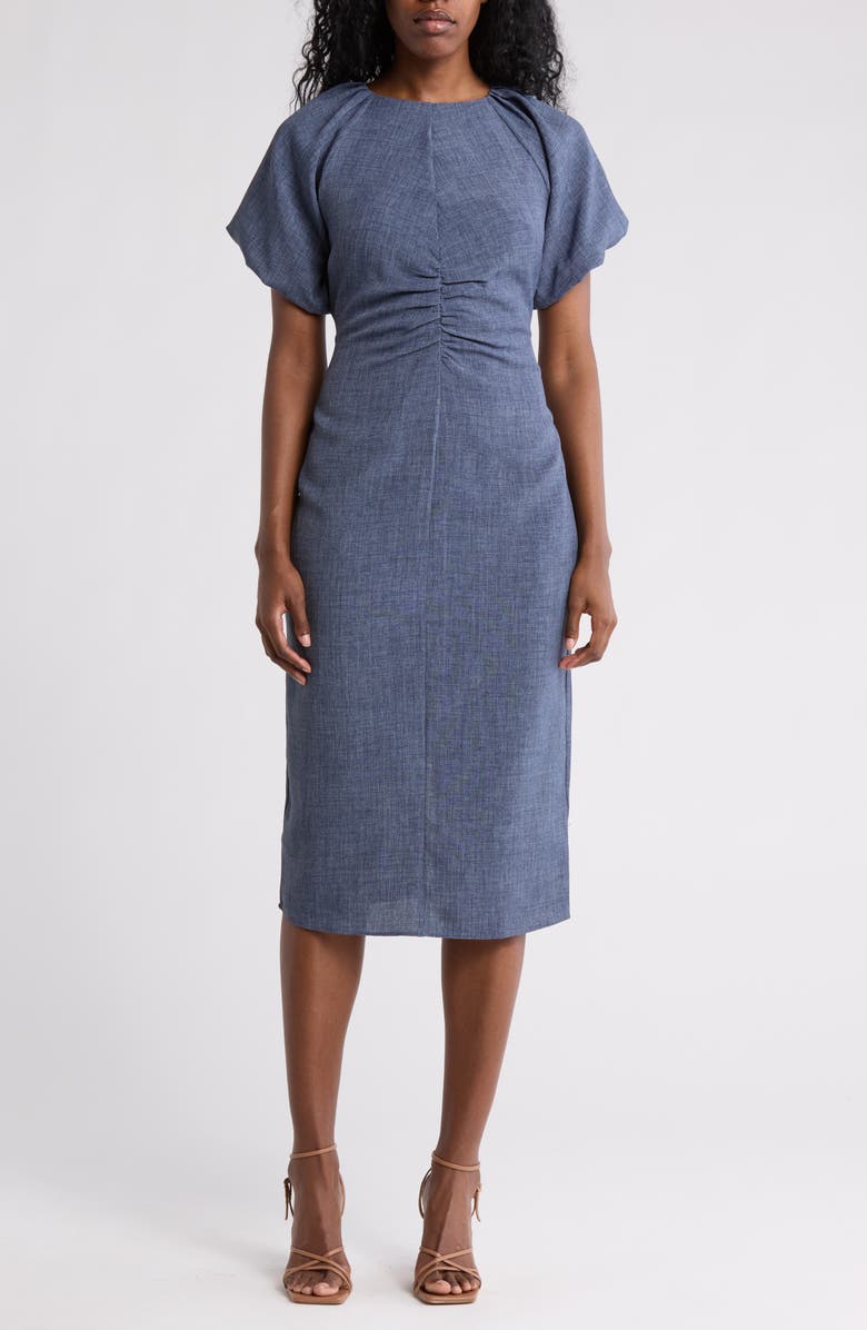 Tahari ASL Ruched Puff Sleeve Body-Con Midi Dress, Main, color, 