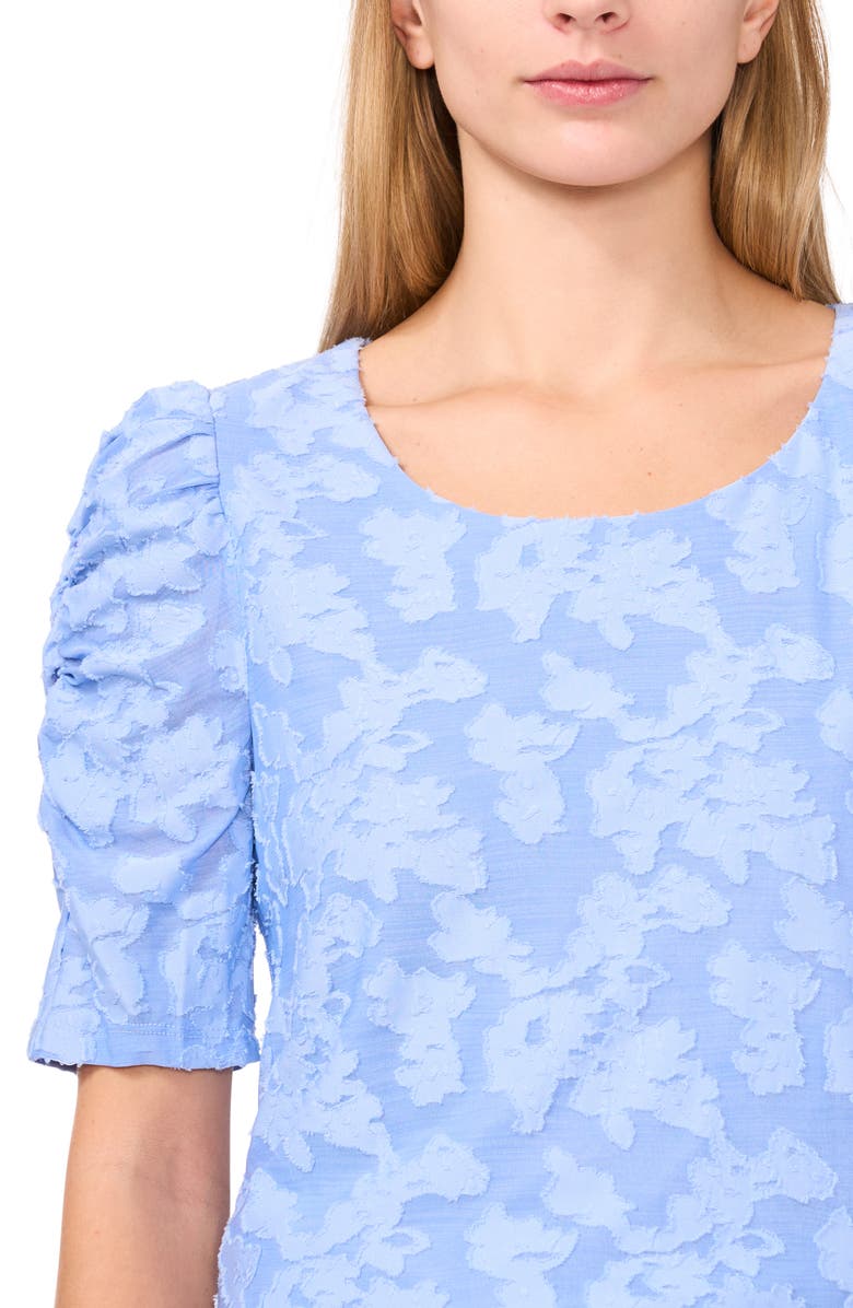 CeCe Floral Jacquard Ruched Sleeve Top, Alternate, color, Vista Blue