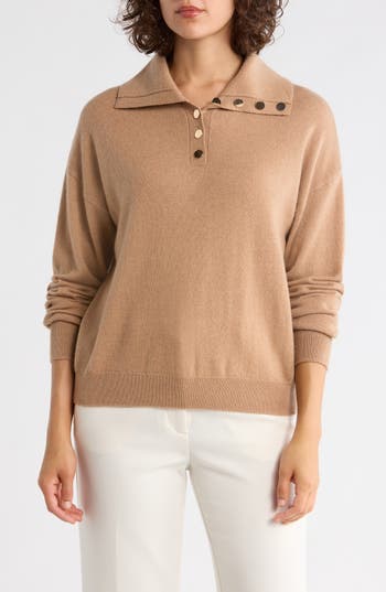 Bruno Magli Half Button Placket Wool & Cashmere Blend Sweater In Brown
