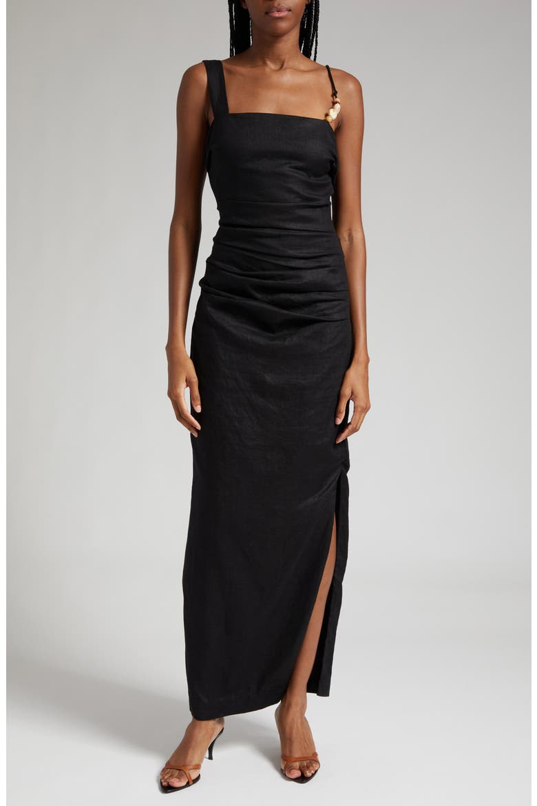 Antonia Beaded Strap Linen Dress, Main, color, BLACK
