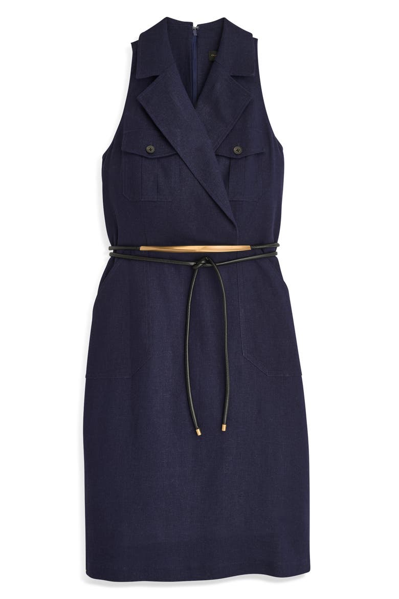 Belted Sleeveless Linen Blend Denim Dress, Alternate, color, INK