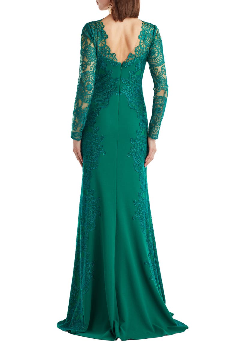 Embroidered Lace Long Sleeve Crepe Gown, Alternate, color, EMERALD