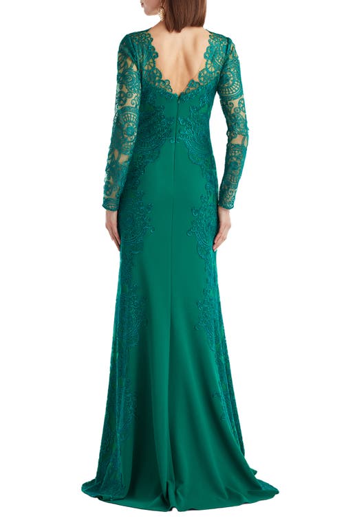 Tadashi Shoji Embroidered Lace Long Sleeve Crepe Gown In Green